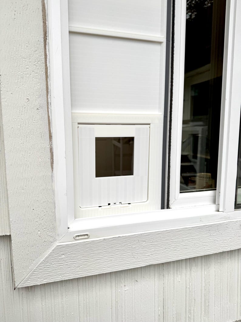 Op de afbeelding: Een witte kattenluik ge&iuml;nstalleerd in een raam. De deur is vierkant met een klep, geplaatst in een wit frame. Het raam heeft een wit rolgordijn dat gedeeltelijk is getrokken. De buitenbekleding is wit.
