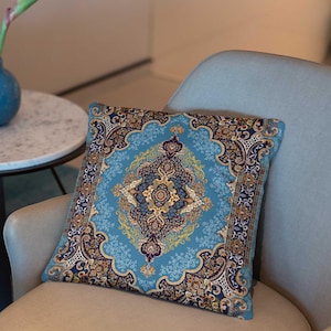 Oriental Kilim Throw Pillow Cover - Blue & Burgundy Vintage Cushion - Boho Ethnic Pattern Decorative Pillow for Sofa Home Decor