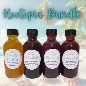 May include: Four glass bottles with black lids and colorful liquids. Each bottle has a white label with the text "HERMIT Hootopia" and a different name and description. The names are "Hooty Fruity", "Calci Shell", "Bloomify", and "Super Glow".