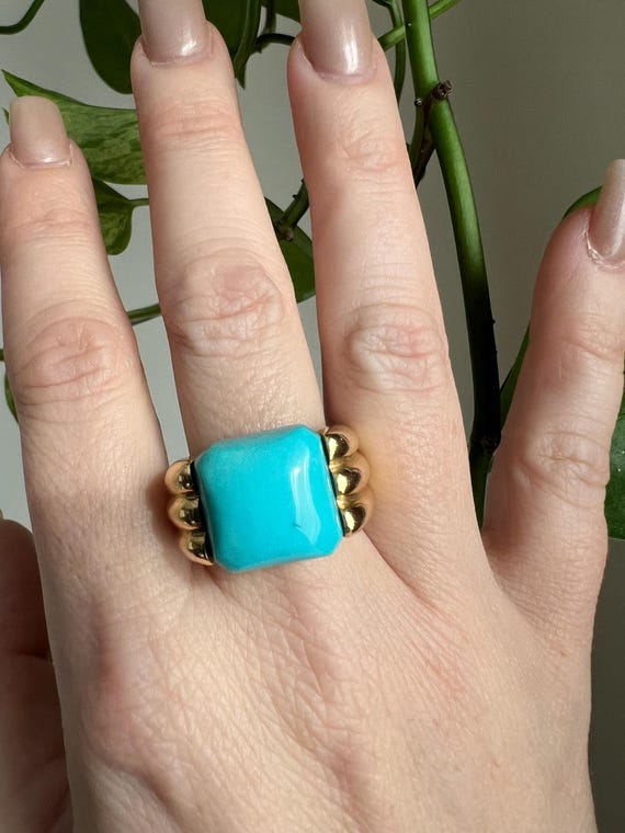 Vintage Italian Turquoise 18k Gold Statement Cocktail Ring View 2