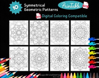 Geometric Coloring Pages: Large Print Symmetrical Designs (PDF/PNG)