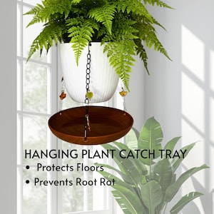 May include: A brown wooden circular catch tray suspended by black chains beneath a white textured plant pot containing a green fern. The text reads HANGING PLANT CATCH TRAY, Protects Floors, and Prevents Root Rot. The tray features small decorative charms.