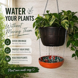 May include: A hanging planter with a dark brown barrel-style pot holding a lush green plant with yellow variegation. Water drips from the pot into a decorative orange and floral-patterned catch basin. Text reads: "WATER YOUR PLANTS Without Moving Them."