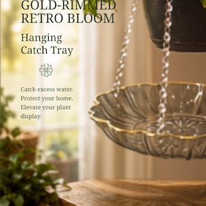 May include: A clear glass hanging catch tray with a gold-rimmed scalloped edge, suspended by silver chains beneath a black plant pot. The text reads: GOLD-RIMMED RETRO BLOOM Hanging Catch Tray. Catch excess water. Protect your home. Elevate your plant display.