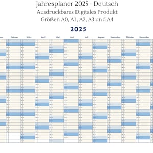 May include: A printable 2025 calendar in German, with a light blue and white color scheme. The calendar is designed for printing in sizes A0, A1, A2, A3, and A4.