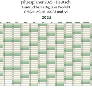 May include: A printable 2025 calendar in German. The calendar is a year-at-a-glance view with each month displayed in a separate column. The calendar is available in sizes A0, A1, A2, A3, and A4.