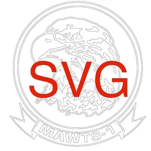 Puede incluir: Un dibujo lineal en blanco y negro de la cabeza de un águila dentro de un círculo, con el texto rojo "SVG" en el centro. Debajo del círculo hay una pancarta con el texto "MAWTS-1".