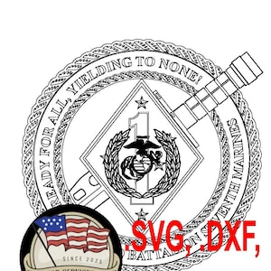 May include: Black and white graphic of a military emblem with the text "READY FOR ALL, YIELDING TO NONE!" and "SEVENTH MARINES". Includes a banner with the text "VECTOR SERVICES USA" and the American flag. Also includes the text "SVG, DXF, .JPG".