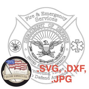Könnte beinhalten: Schwarz-weiße Vektorgrafik eines Feuerwehr- und Notfalldienst-Emblems. Das Emblem zeigt einen Adler, Sterne und den Text "Fire & Emergency Services" und "Department of Defense". Enthält ein kleineres Emblem mit Flaggen und dem Text "VECTOR SERVICES USA".