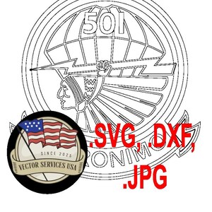 May include: Black and white line art design featuring a Native American profile, lightning bolt, and the number 501 inside a circle. A smaller circle displays the American flag and the text "VECTOR SERVICES USA SINCE 2025". The image also includes the text "SVG, DXF, JPG".