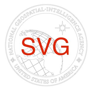 May include: A circular emblem with the text "NATIONAL GEOSPATIAL-INTELLIGENCE AGENCY" and "UNITED STATES OF AMERICA" encircling a globe graphic. The letters "SVG" are prominently displayed in red across the globe.