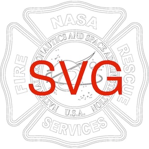 Può includere: Illustrazione in bianco e nero di un emblema dei vigili del fuoco con la scritta "NASA" e "Fire Rescue Services". L'emblema presenta un design a croce con la scritta "National Aeronautics and Space Administration U.S.A.". Le lettere "SVG" sono sovrapposte in rosso.