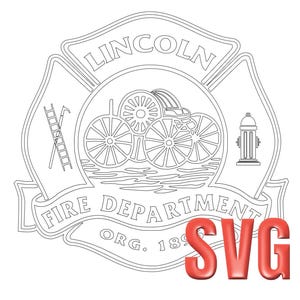 May include: Black and white line art of the Lincoln Fire Department emblem. The emblem features a Maltese cross shape with the words "LINCOLN" at the top. The center includes a fire engine, ladder, and hydrant. The letters "SVG" are in red.