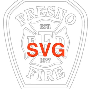 May include: A black and white outline of a Fresno Fire Department badge. The badge features the words "FRESNO FIRE" and "SVG" in orange, with the year "1877" and the letters "FD" in the center.