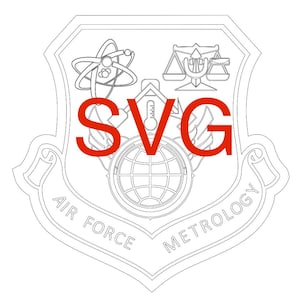 Peut inclure: Fichier SVG en noir et blanc d'un emblème de la métrologie de l'US Air Force. L'emblème comprend un globe, des balances, un atome et un thermomètre. Le mot "SVG" est superposé en rouge.