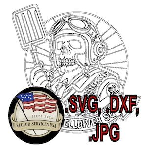 May include: Black and white line art illustration of a skull wearing a pilot's helmet and holding a spatula. The image includes text that says "SVG, DXF, JPG" and a logo with the American flag and the words "VECTOR SERVICES USA".