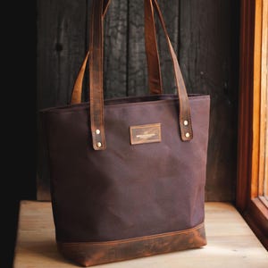 Waxed Canvas Tote Bag: Leather Handles, Leather Sole, Unisex, Brown