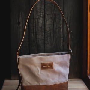 Waxed Canvas Tote Bag: Leather Handles, Leather Sole, Unisex, Beige