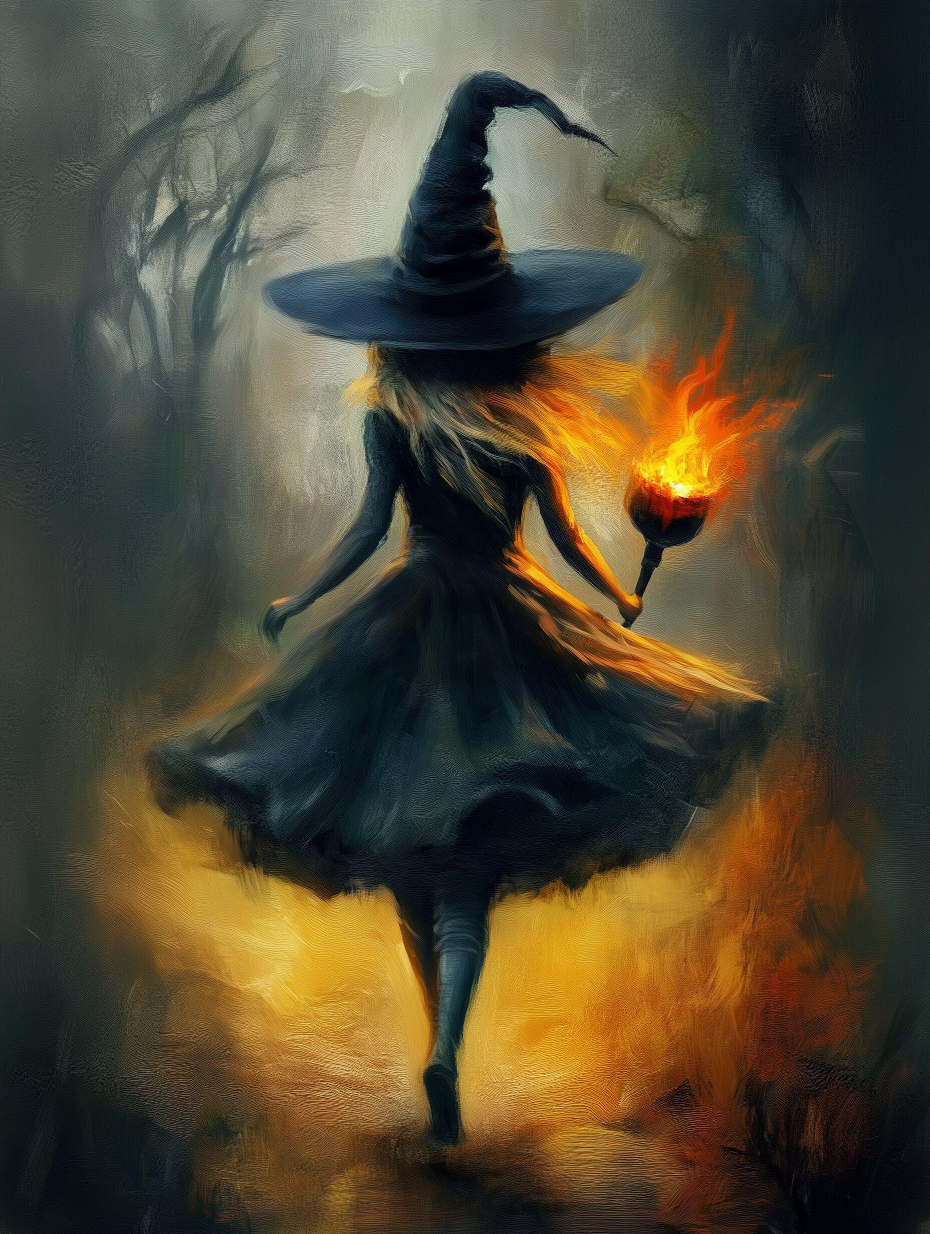 ハロウィーン魔女のたいまつプリント：不気味な森のアート（デジタル