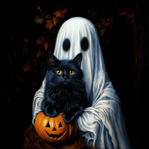 Ghost Holding a Black Cat Halloween Wall Art