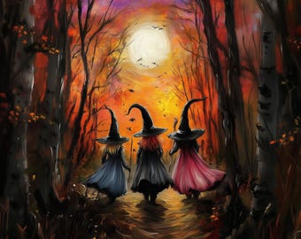 Drie heksen Halloween-kunstprint: bosscène (digitale download)