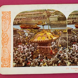 Vintage World Series Stereo View Card Matsuri Procession Yokohama Japan Color