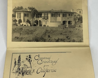 Biglietto postale pieghevole di auguri di Natale vintage, stampa fotografica, casa in stile spagnolo della California