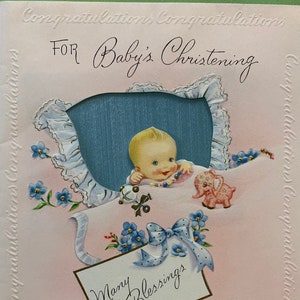 Vintage doopwenskaart baby uitgesneden satijnen kussen ongebruikt Munson