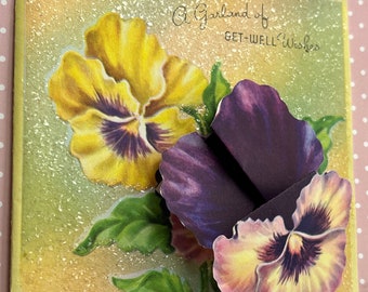 Vintage Get Well Greeting Card Pansies Glitter 3D Cut Out Unused Rainbow Petals