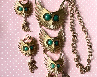 Vintage Triple Tiered Owl Necklace Clip On  Earring Set Articulated Statement