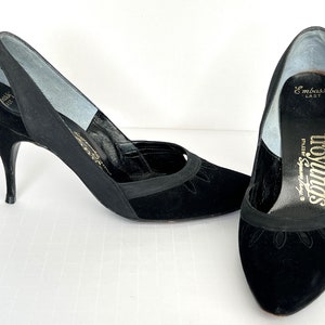 Vintage 50&#39;s Heels Shoes Stiletto Troylings Black Suede Faille Cutwork 5.5 6