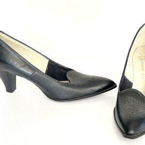 Vintage 50&#39;s Oxford Heels Shoes Vitality Black Leather Brogue Detail 7 7.5 N