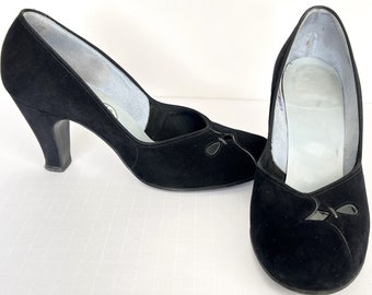 Fab Vintage 40's Heels Shoes Black Suede Scalloped Cutwork Rockabilly 7 7.5