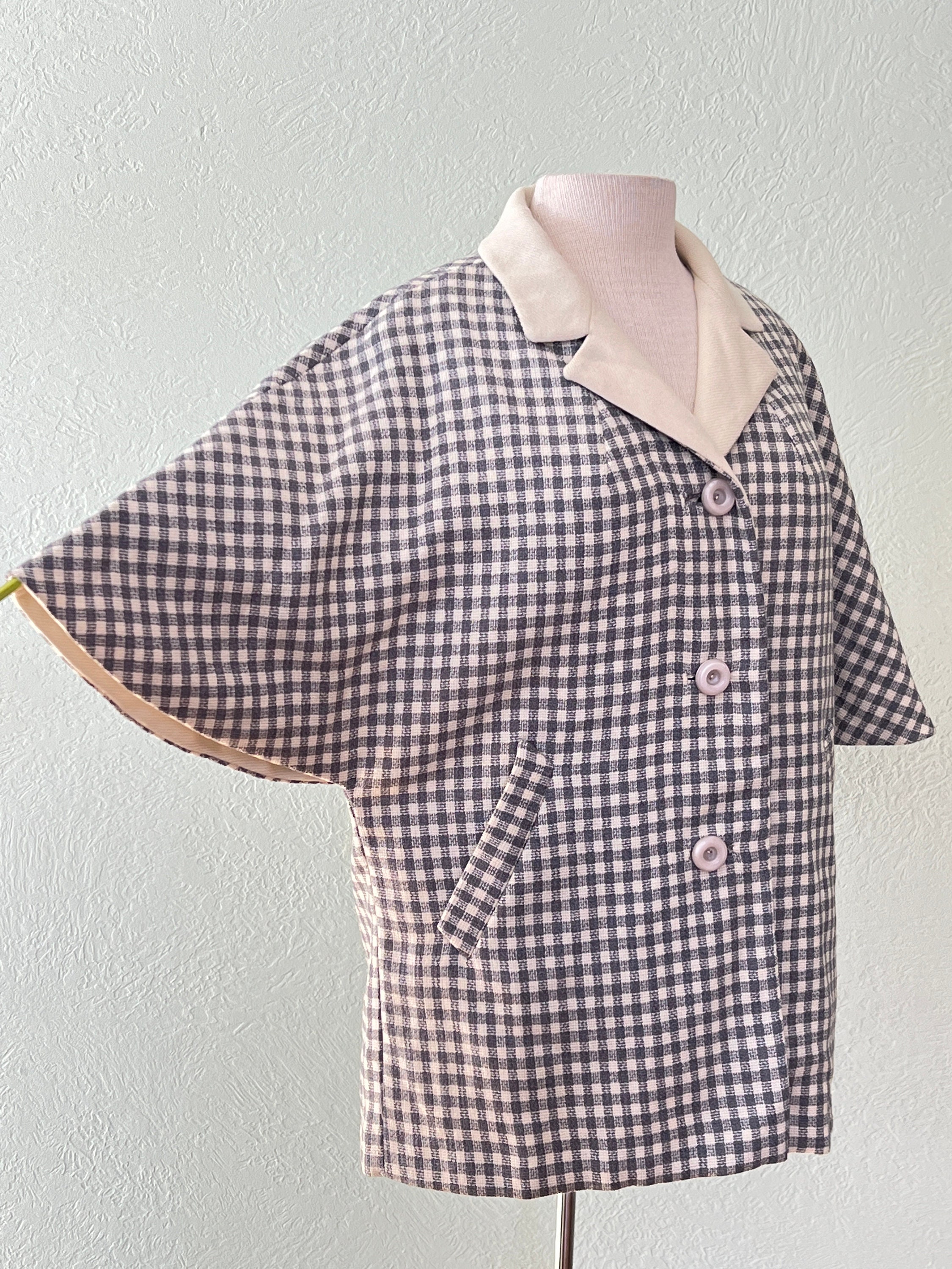 Vintage 50's 60's Wool Coat Gingham Check Angel Wing Sleeve