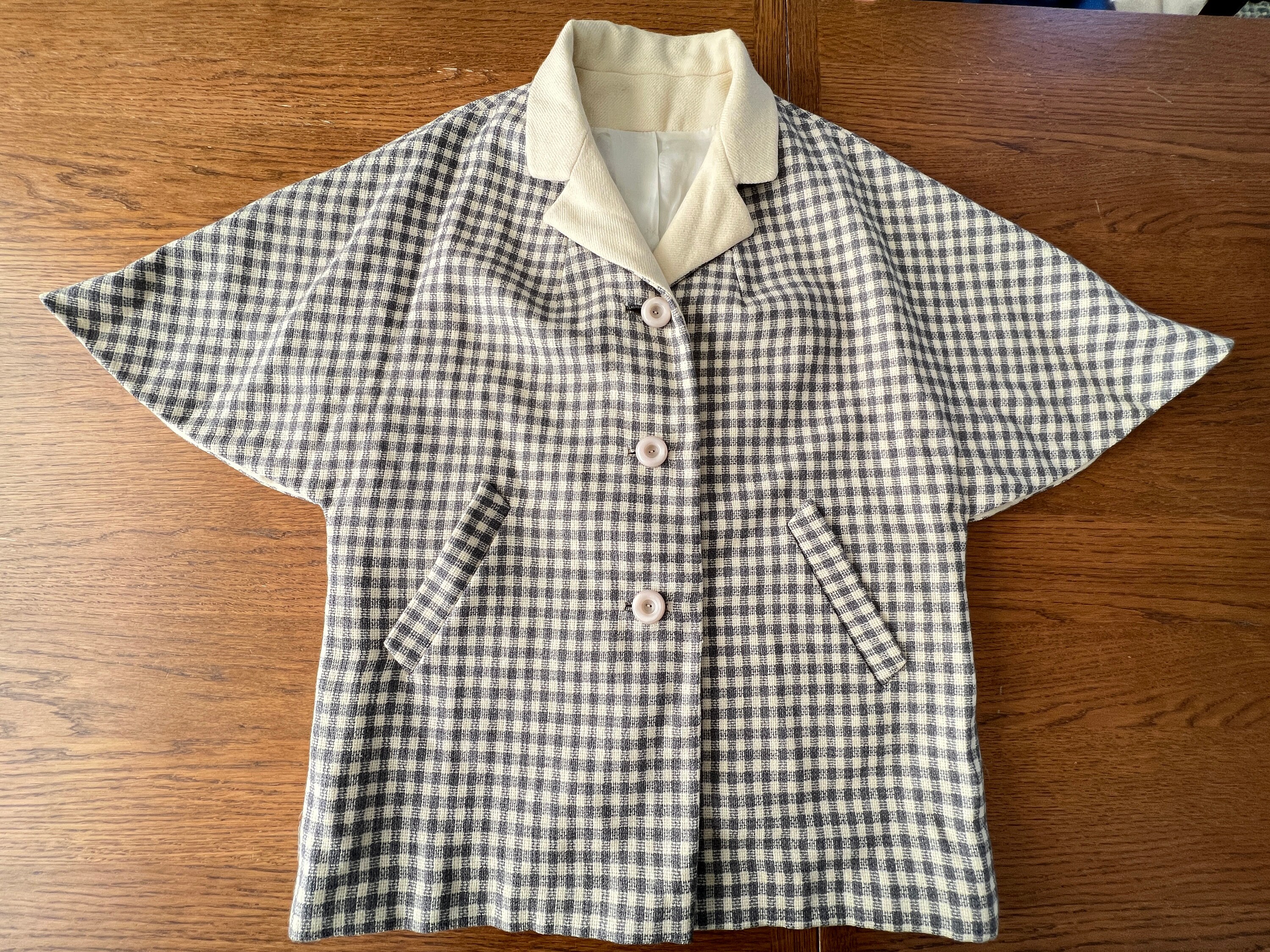 Vintage 50's 60's Wool Coat Gingham Check Angel Wing Sleeve