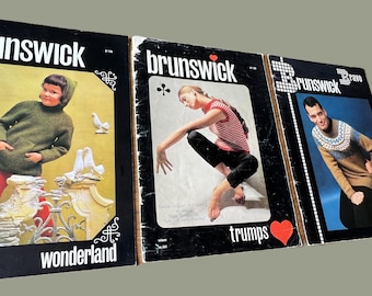 3 Vintage Brunswick Knitting Booklets Lot Set 60's Mod Men Women Children Sweaters