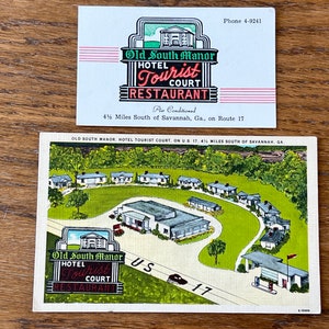 Vintage Leinen Postkarte Visitenkarte Old South Manor Hotel Restaurant Savannah Georgia