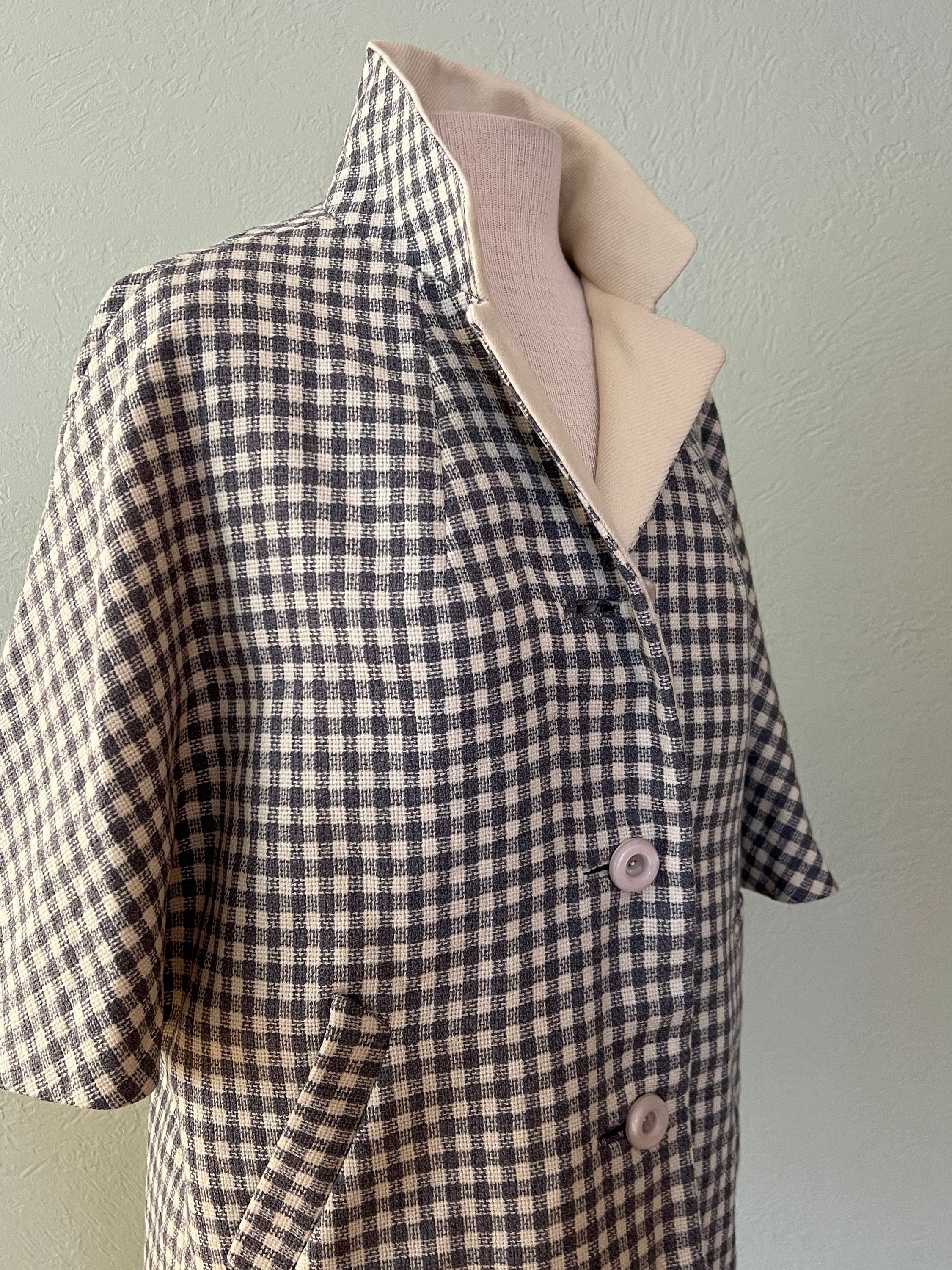 ジャケット・アウター 60s- winter king check wool jacket Winter Coat L Vintage 60s Black Checked Wool Long Heavy