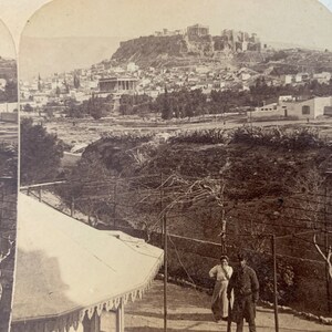 Carte de vue stéréo antique Underwood Acropolis Theseion Athènes Grèce vintage 1897