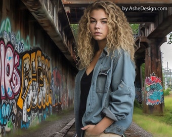 May include: A digital background template featuring a young woman standing on a set of train tracks under a bridge. The bridge has graffiti on the sides and the year 2023 painted on the underside. The template includes smoke overlays and an editable year.