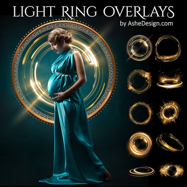 Gold Light Ring Photoshop Overlays, Maternity Photoshoot Session Light Spot Circles Photography Overlays, PNG Photo Overlays