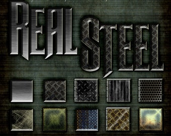 Photoshop Layer Styles - Designer Gems - REAL STEEL - 1 Photoshop Style file (.ASL) containing 10 unique Styles to add to your Text.