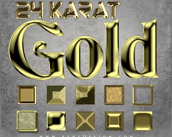 Photoshop Layer Styles - Designer Gems - 24kt GOLD - 1 Photoshop Style file (.ASL) containing 10 unique Styles to add to your Text.