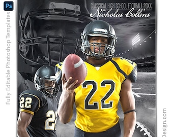 May include: A football player in a yellow and black jersey with the number 22 on it. He is holding a football in his right hand. The background is a blurred image of a football stadium. The text "CLASSICAL HIGH SCHOOL FOOTBALL 20XX" and "Nicholas Collins" is at the top of the image.