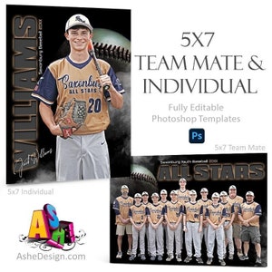 Photoshop Templates | Team Mates & Individual | Sports Collages |  5x7 | From The Shadows | Baseball - (2) Digital Files, Sports Photography