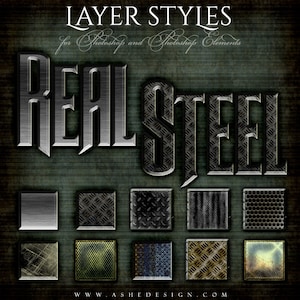 Photoshop Layer Styles - Designer Gems - ECHTER STAHL - 1 Photoshop Style Datei (.ASL) mit 10 einzigartigen Styles, die du deinem Text hinzufügen kannst.