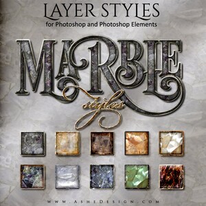 Puede incluir: Imagen que presenta el texto "LAYER STYLES" y "MARBLE styles" en una fuente decorativa. Debajo, nueve muestras cuadradas de estilo mármol en varios colores y texturas, sobre un fondo de mármol. La dirección del sitio web "www.ashedesign.com" está en la parte inferior.