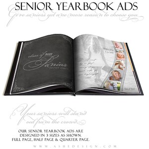 May include: A black and white yearbook ad template with the text "Senior Shout Outs" and "Class of 2022". The ad features a photo of a girl in a graduation gown and a film strip with photos of other students.