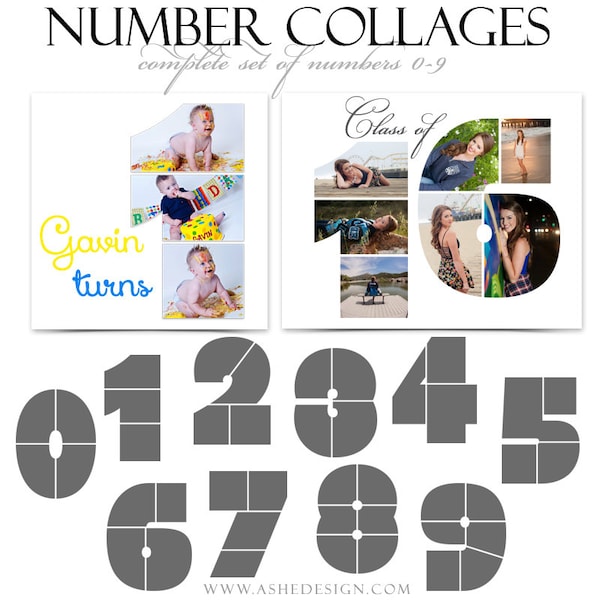 Photoshop Collage Layouts - SIMPLY STATED NUMBERS - (10) Digital Photoshop 12x12 Number Templates for Photographers & Scrapbookers.