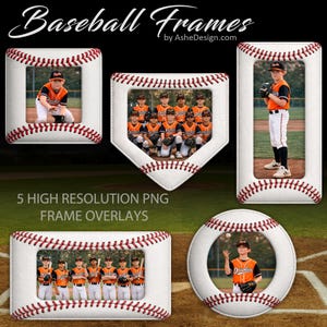 Op de afbeelding: Baseball Frames-afbeelding met vijf verschillende frame-overlays. Elk frame is ontworpen om op een honkbal te lijken, met wit leer en rode stiksels. De frames hebben verschillende vormen, waaronder een vierkant, een thuisplaat en een honkbalvorm. De frames bevatten foto's van honkbalspelers.
